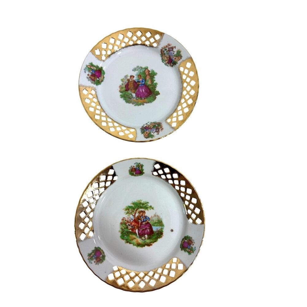 2 Vtg Plates Romantic Courting Couple APULUM Porcelain White Gold Trim Romania